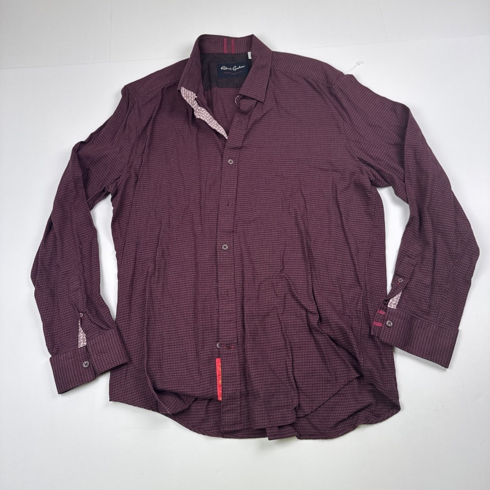Robert Graham Tailored Fit XL Shirt Maroon Houndstooth Long Sleeve Paisley Cuffs